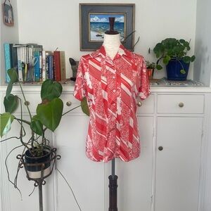 Vintage 1970s Red and White Patterned Button-Up Shirt